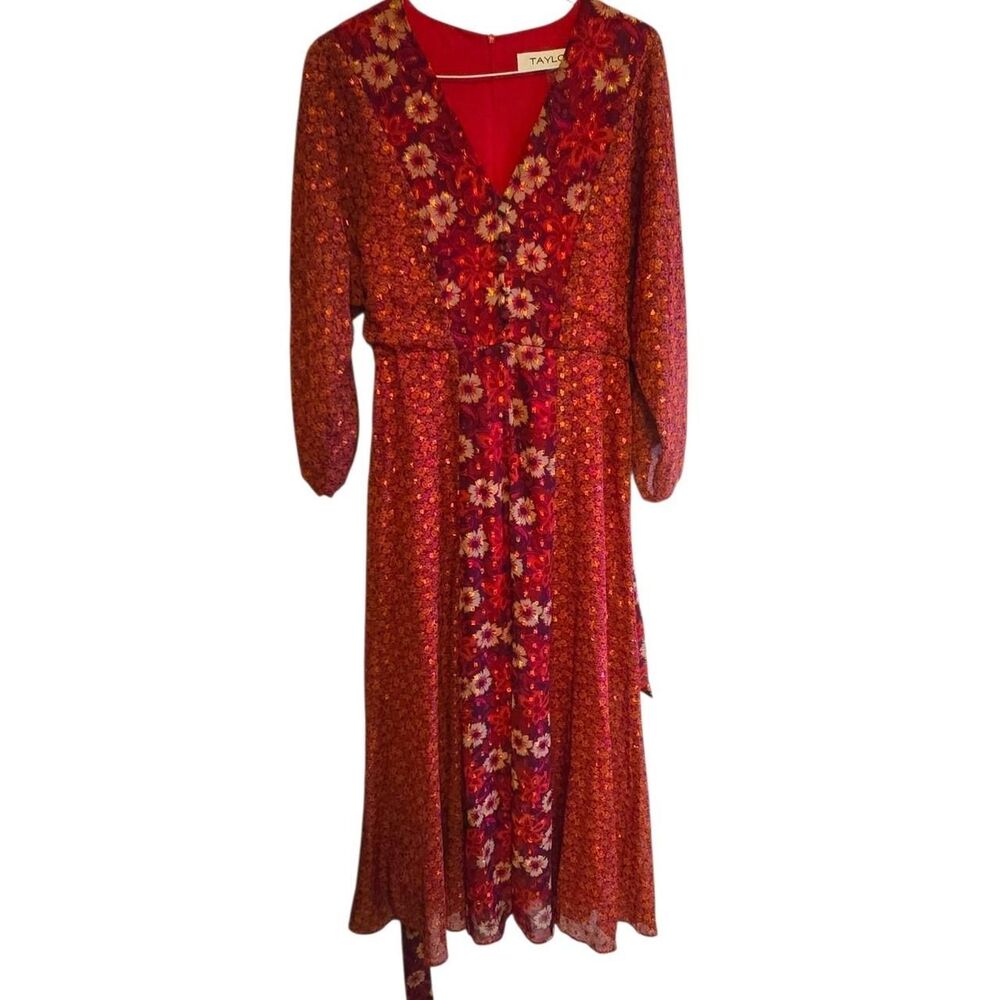 Taylor Red Floral Chiffon Belted Maxi Dress 4